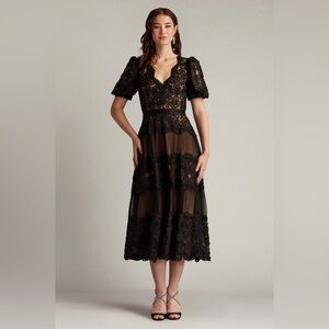 Tadashi Shoji Belline Embroidered Chiffon Black Lace Midi Dress NWT